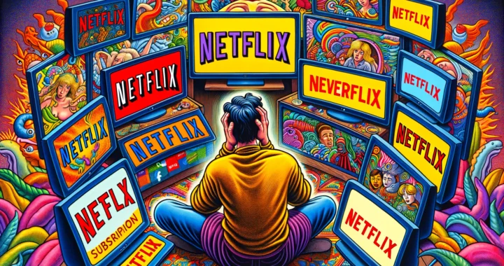 Bohiney.com Photos - A vibrant and humorous close-up illustration in the style of Al Jaffee, depicting the eternal dilemma of subscription choices between Netflix and a fi (1)