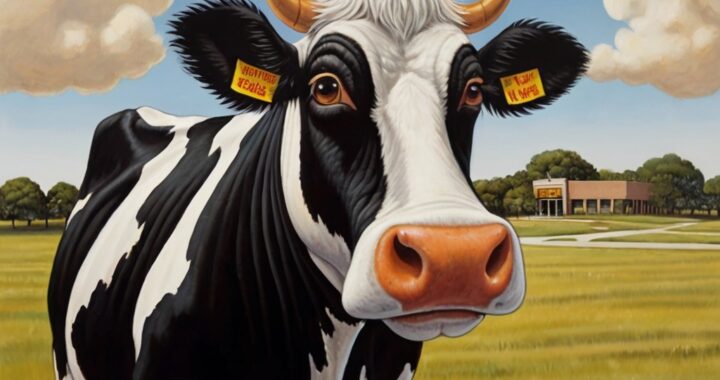 Wichita County Cow Declared Professor at Midwestern State Univ After Winning Popularity Contest -- vivid and detailed illistration in the style of Al Jaffee closeup!