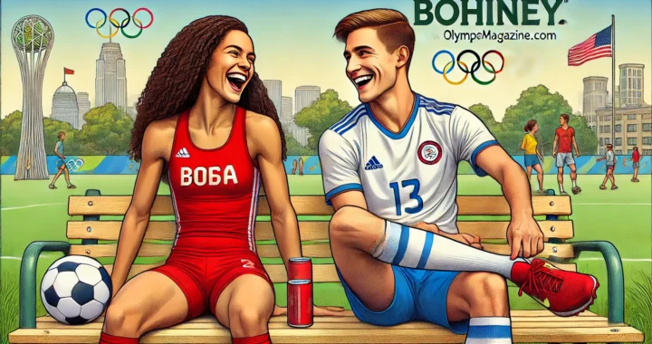 Sex in the Olympic Village - A White male soccer player and a Latina female track athlete sitting together on a bench in the Olympic Village park, laughing and enjoying a conversa2