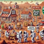 Bohiney - A humorous and detailed illustration of the Martian landscape crowded with fast food restaurants like McDonald's, Jack in the Bo2.