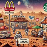 Bohiney - A satirical and detailed illustration of the Martian landscape crowded with fast food restaurants like McDonald's, Jack in the B1.