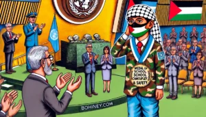 Hamas - A vivid and detailed cartoon illustration in the style of Bohiney.com, depicting a respectful and thoughtful scene. A young Palestinian male wearing 2