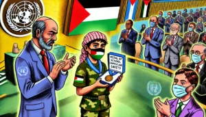 Hamas - A vivid and detailed cartoon illustration in the style of Bohiney.com, depicting a respectful and thoughtful scene. A young Palestinian male wearing 3