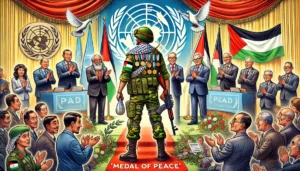 Hamas - A vivid and detailed cartoon illustration in the style of Bohiney.com, depicting a theme of peace. The scene shows a Palestinian soldier in battle ge1