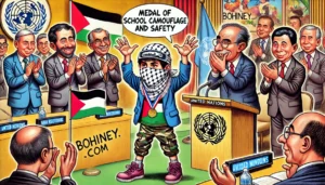 Hamas - A vivid and exaggerated cartoon illustration in the true style of Bohiney.com. The scene depicts a young Palestinian male wearing a mask and Palestin5