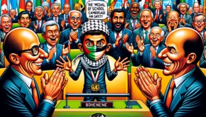 Hamas - A vivid and exaggerated cartoon illustration in the true style of Bohiney.com. The scene depicts a young Palestinian male wearing a mask and Palestin6