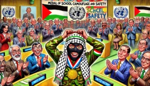 Hamas - A vivid and exaggerated cartoon illustration in the true style of Bohiney.com. The scene shows a young Palestinian male wearing a mask and Palestinia4