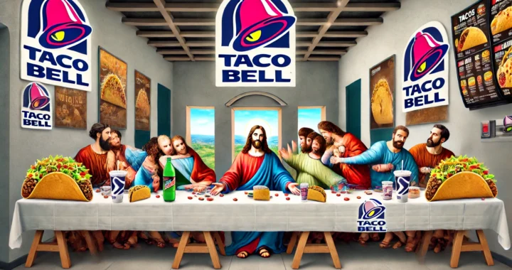 Jesus at Bohiney.com -- Create a humorous and satirical image of Jesus at The Last Supper, but set in a Taco Bell location. Jesus should be depicted at the center of a long t3.