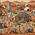Starbucks - A detailed and humorous illustration of a crowded Martian landscape. The scene features various human activities, with astronaut1.