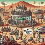 Starbucks - A detailed and humorous illustration of a crowded Martian landscape. The scene features various human activities, with astronaut2.
