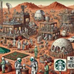 Starbucks - A detailed and humorous illustration of a crowded Martian landscape. The scene features various human activities, with astronaut3.