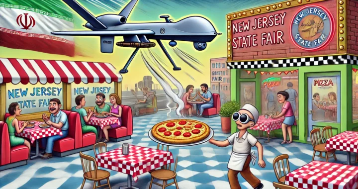 Bohiney.com -- A humorous depiction of an Iranian drone hovering confusedly above a classic New Jersey diner with ch-- Iranian Drones in NJ 1