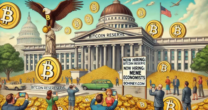 Bohiney.com -- Trump's Establish $280 trillion Bitcoin reserve in the style of Bohiney.com. Scene 1 A futuristic U.S. Treasury building rebranded as the 'Bit-- Humor, Satire & Alan Nafzger 1