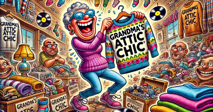 10 Things Frugal People Never Spend Money On - A humorous depiction of a frugal person at a thrift store, joyfully holding up a sweater labeled 'Grandma's Attic Chic,'