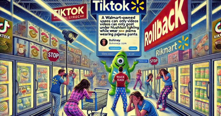 A humorous illustration of a Walmart-owned TikTok where users can only post videos under harsh fluorescent lighting while wearing pajama pants. The sc