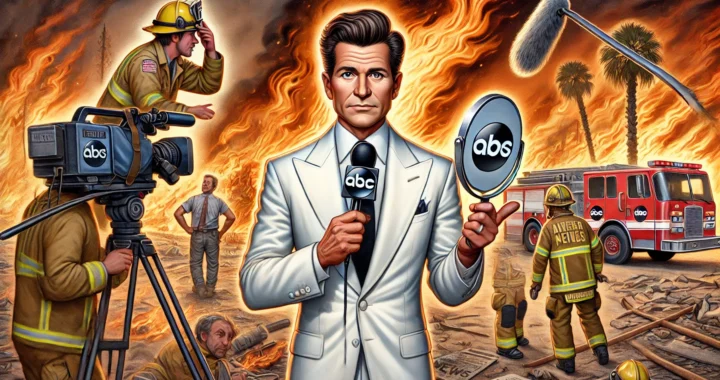 A humorous illustration of an over-groomed male ABC news reporter standing amidst the chaos of the Los Angeles wildfires. He is wearing a spotless whi