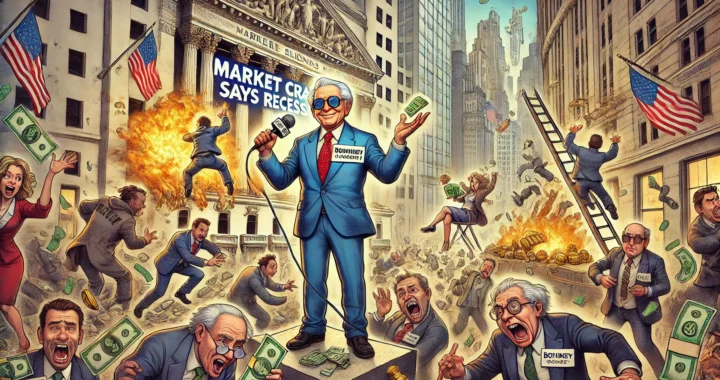 A satirical illustration of Wall Street in chaos, with stock traders panicking while a billionaire in a suit casually holds a microphone, smirking. A