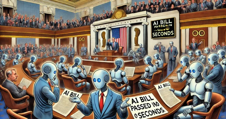A satirical illustration of the U.S. Congress chamber, where lawmakers are being replaced by AI robots sitting at desks. The robots are printing out l