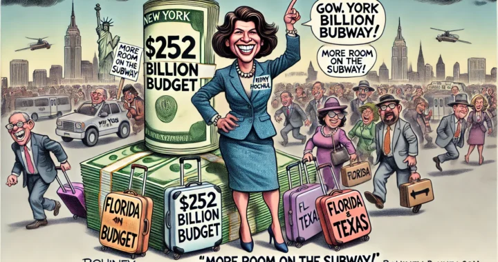 Bohiney.com - A satirical illustration of Gov. Kathy Hochul standing next to a giant pile of money labeled '$252 Billion Budget' while New Yorkers flee in the backg-- Alan Nafzger 1