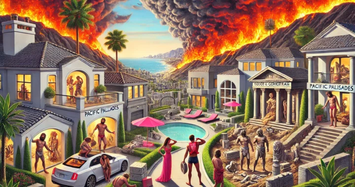 Bohiney.com-- A surreal and humorous illustration of Sodom and Gomorrah unearthed in the luxurious neighborhood of Pacific Palisades, -- Humor, Satire & Alan Nafzger
