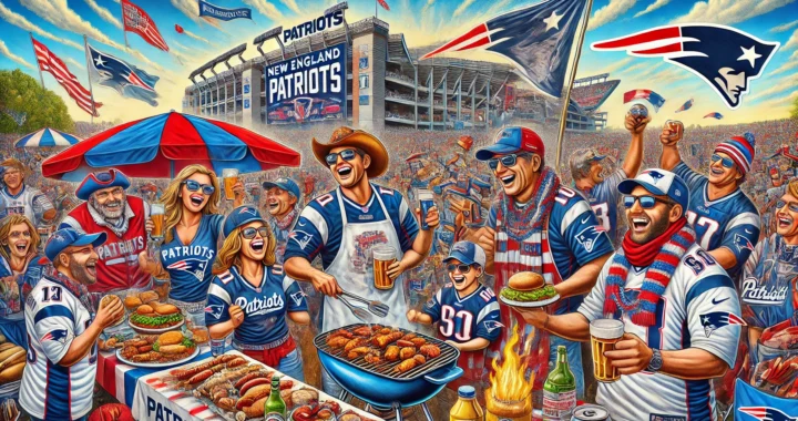 Bohiney.com -- A vibrant and detailed illustration of New England Patriots fans in a celebratory tailgating scene outside the stadium. Fans are d-- Alan Nafzger (Bohiney News) 3