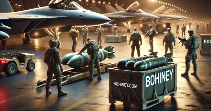 Bohiney.com - DALL·E 2025-01-26 14.12.48 - A military airbase scene with generic military personnel loading large bombs onto fighter jets. The atmosphere is serious with soldiers working effici-- Alan Nafzger