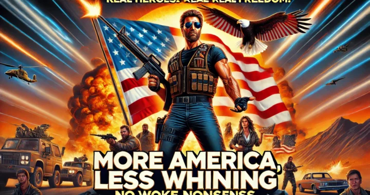 Donald Trump To Save Hollywood - A bold and dramatic movie poster for More America, Less Whining. The design features a patriotic action-packed theme with an American flag waving in- Alan Nafzger 1
