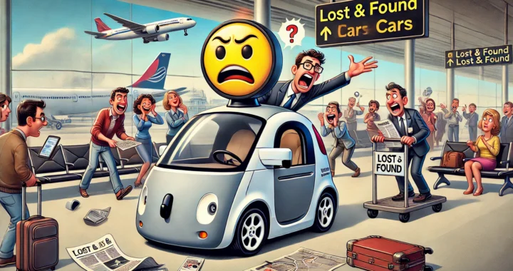 Tech entrepreneur trapped in circling self-driving car - An illustration of a self-driving car stuck in an endless loop in a busy airport terminal. The car has a giant frustrated emoji
