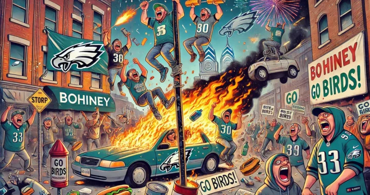 BOHINEY - A satirical illustration in the style of Bohiney.com depicting Philadelphia Eagles fans celebrating by setting their own city on fire. Fans are shown cl - Alan Nafzger