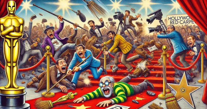 BOHINEY SATIRE - A humorous and detailed illustration of a Hollywood red carpet event that has gone completely wrong. Celebrities are tripping over each other, paparaz - bohiney.com