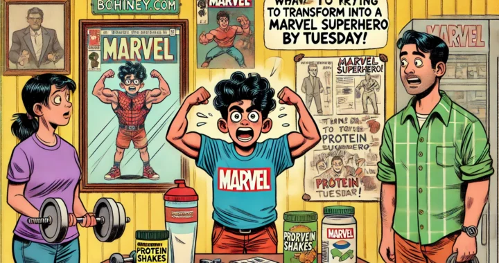 BOHINEY SATIRE -- A humorous illustration in the style of Al Jaffee showing a teenager frantically trying to transform into a Marvel superhero by Tuesday. The scene fea - Washington DC