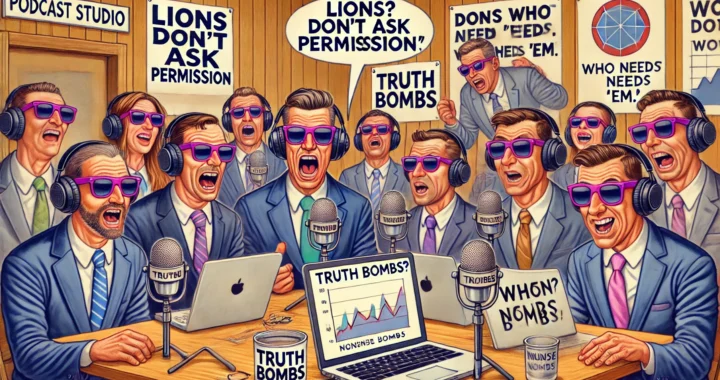 BOHINEY SATIRE -- A satirical illustration in the style of Al Jaffee depicting a podcast studio filled with overly confident 'alpha males' wearing sunglasses i-- bohiney.com 1