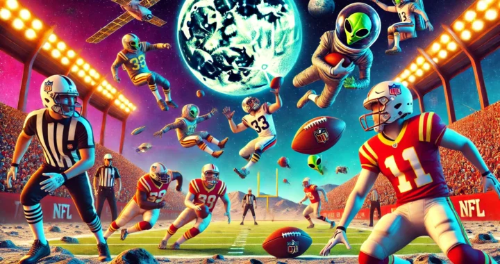 BOHINEY SATIRE - A surreal and comical scene where NFL players are playing in a zero-gravity football game, with players floating in space, trying to throw a football - bohiney.com