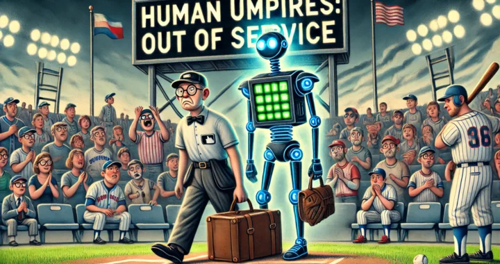 BOHINEY SPORTS - A humorous depiction of a baseball game where a human umpire is being replaced by a robotic umpire. The human umpire is packing his bags with a sad ex - bohiney.com