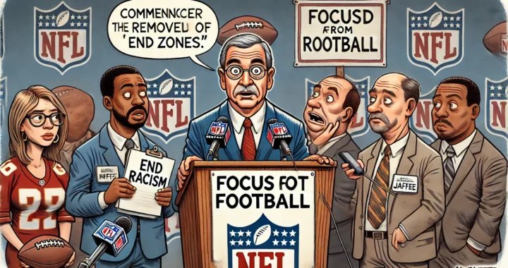 NFL SUPER BOWL -- A comedic illustration of an NFL press conference where the commissioner is announcing the removal of 'End Racism' from end zones. Reporters-- bohiney.com 2