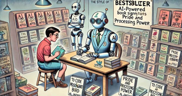 BOHINEY NEWS -- A satirical illustration in the style of Bohiney Inc. A futuristic bookstore where AI-powered robots sit at book signing tables, scribbling their signat.. - satire