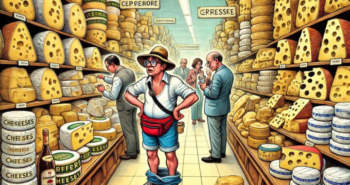 BOHINEY SATIRE - A satirical cartoon illustration in the style of Al Jaffee. The scene shows an overwhelmed American expat in a French supermarket, bewildered by an en... -- Alan Nafzger 1