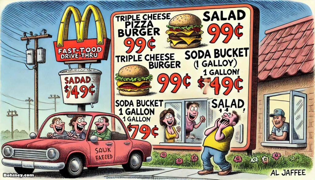 BOHINEY SATIRE - A satirical cartoon in the style of Al Jaffee showing a fast-food drive-thru where the menu lists absurdly cheap junk food like 'Triple Cheese Pizza B... -- Alan Nafzger 2