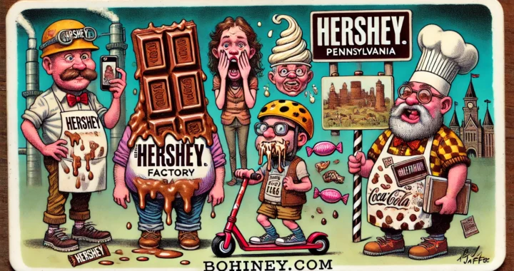 Bohiney.com -- A wide-aspect cartoon illustration in the style of Toni Bohiney showing six exaggerated caricatures of people from Hershey, Pennsylvania. Each character ... -- Alan Nafzger 4