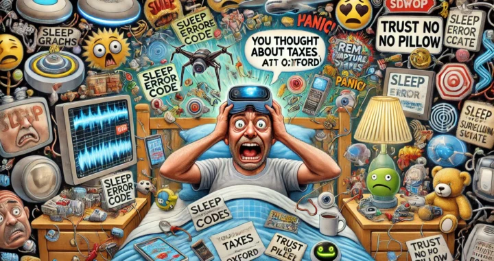 Bohiney Satire - A wide close-up cartoon scene in the style of Toni Bohiney, focused on the central chaos of 'The Bedtime Surveillance State.' A nervous man lies in bed c... -Sleep Optimization