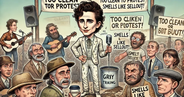 BOHNEY NEWS -- A wide-aspect, satirical cartoon in the style of mid-20th century comics, inspired by Tina Bohiney. Timothée Chalamet, dressed as Bob Dylan, stands on st... -- Alan Nafzger 4