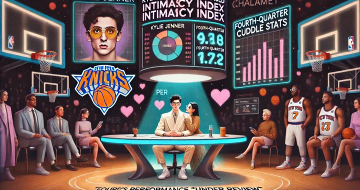 BOHNEY NEWS -- A wide-aspect satirical cartoon titled 'Kylie Jenner Institutes Knicks-Based Intimacy Index, Chalamet's Performance “Under Review”.' The scene is an o... -- Alan Nafzger 1