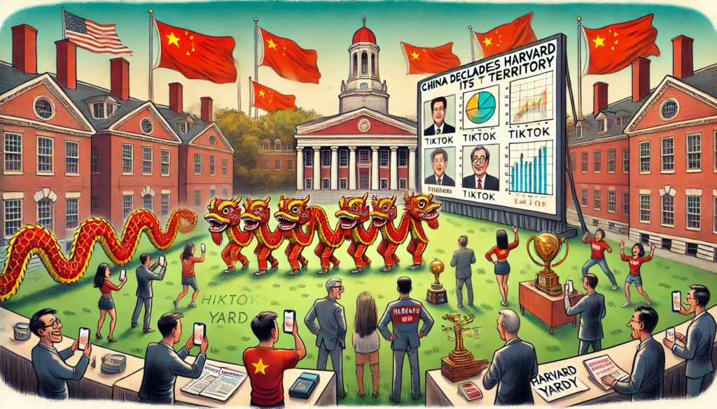 ComedyWriter.info -- A satirical cartoon-style wide illustration titled 'China Declares Harvard Its Territory'. The scene is set in Harvard Yard, where a ceremonial Chines... -- Alan Nafzger 2