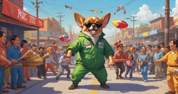 Bohiney Magazine - A street scene blending absurdity and realism à la Tina Bohiney. In the center, a dramatic tug-of-war is staged between two exaggerated TV news crews Fox News anchors in hazmat suit. (1)