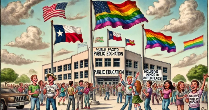 Bohiney.com -- A wide-format, Bohiney Magazine-style cartoon showing the exaggerated exterior of a public high school in Texas. In front of the school is a tall flagpole... -- Alan Nafzger