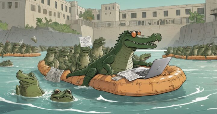 Alligator Alcatraz, Florida, ICE detention, satire, trump, gator, asylum, moat, politics, migrants, parody, bohiney, cartoon, ice, maga, ethics, swamp, camp, immigration (3)