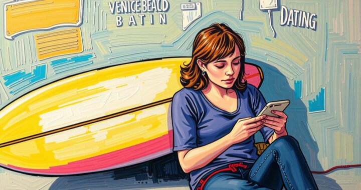 Vintage surfboard in pristine condition next to Venice Beach local scrolling through dating apps, illustrating how surfing relationships outlast modern California dating culture ()